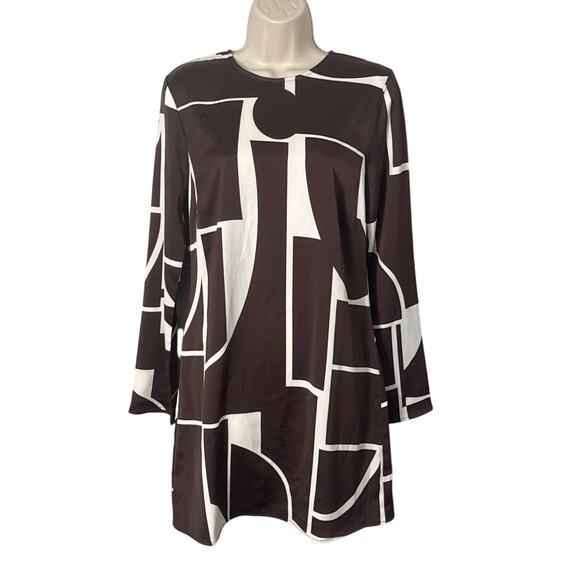 NWT Mango MNG Abstract Geo Print Long Sleeve Satin Dress Brown Cream Size M - Picture 4 of 13